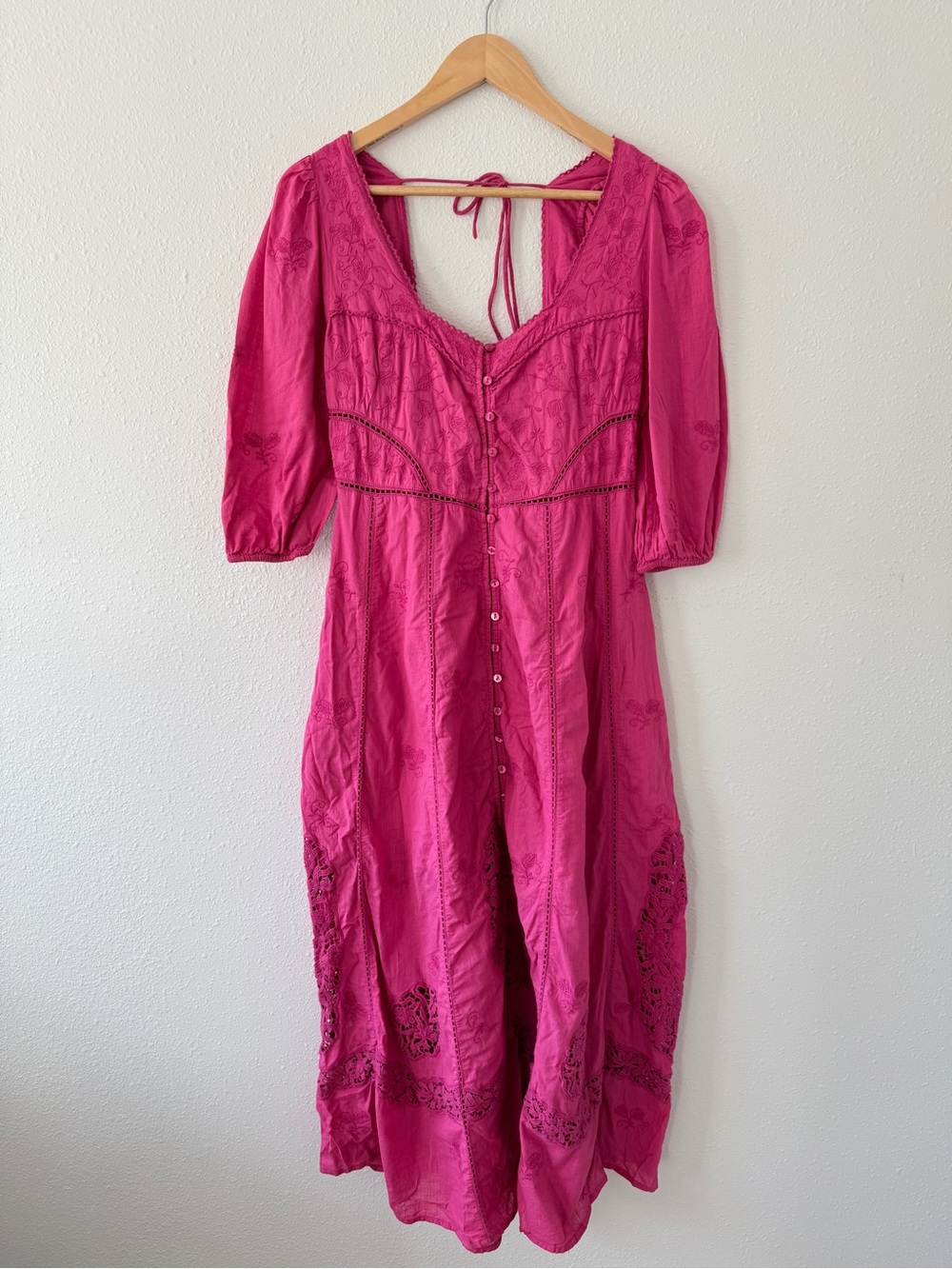 Free People Lisa Lace Midi Dress Size M Hollyhock Pink Boho Embroidered